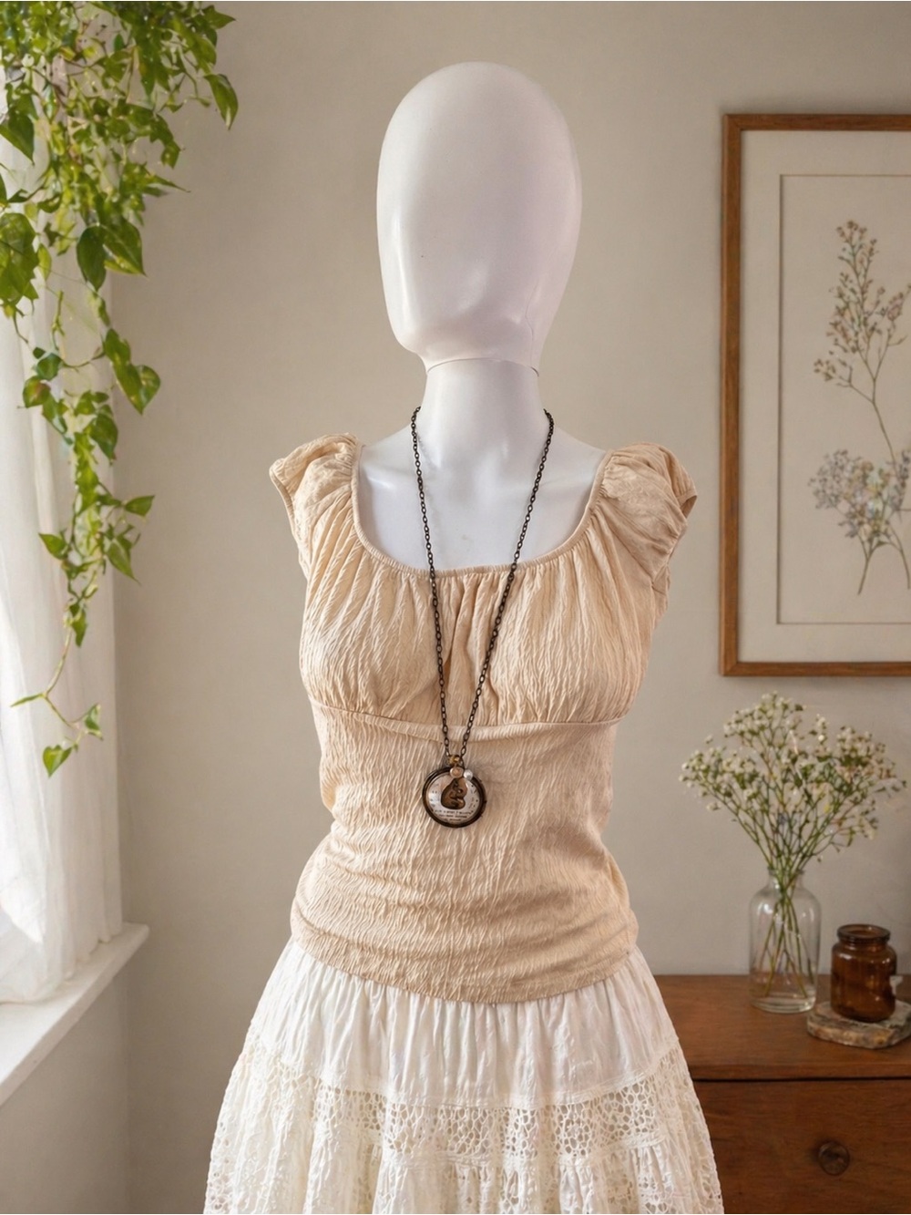 John Galt Cream Cap Sleeve Ruched Empire Waist Top Coquette Fairycore